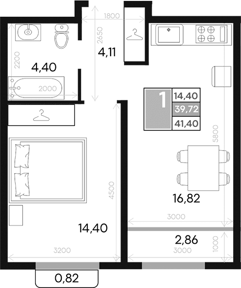 1-комн., 39.72 м²