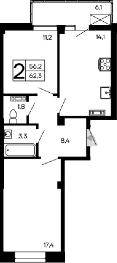 2-комн., 56.2 м²
