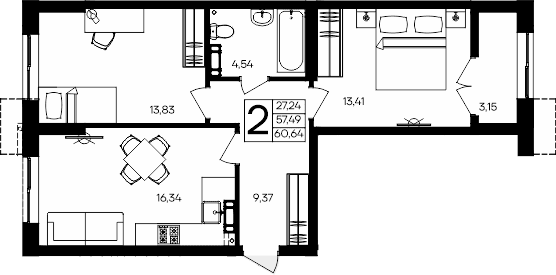 2-комн., 57.49 м²
