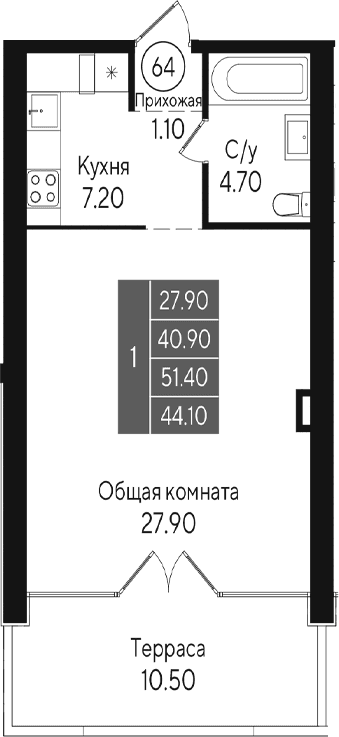 Студия, 40.9 м²
