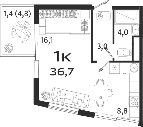 Студия, 31.9 м²