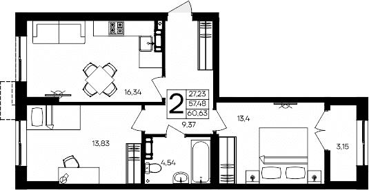 2-комн., 57.48 м²