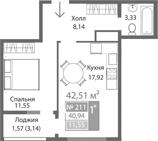 1-комн., 40.94 м²