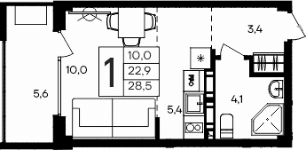 Студия, 22.9 м²