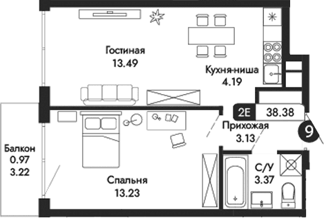 2-комн., 37.41 м²