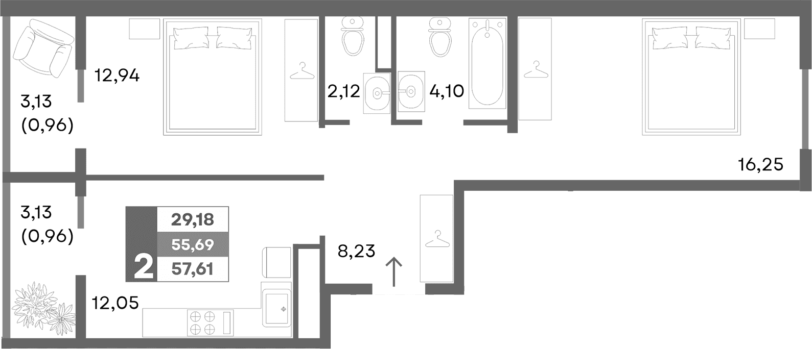 2-комн., 55.69 м²