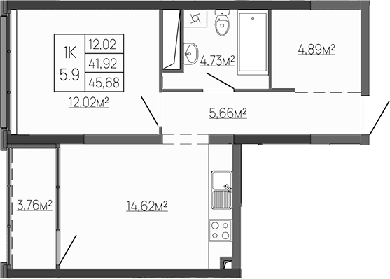 1-комн., 43.66 м²