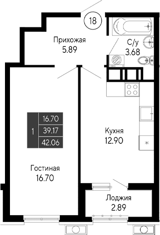 1-комн., 39.17 м²