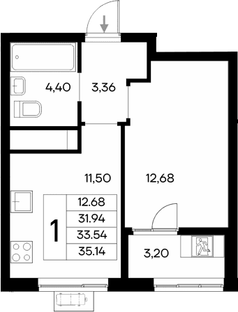 1-комн., 31.94 м²