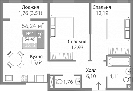 2-комн., 52.73 м²