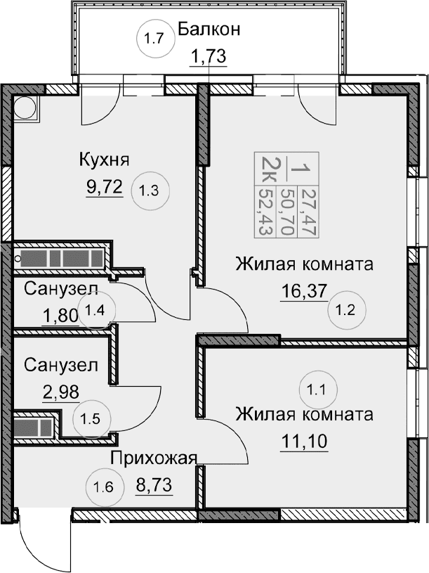 2-комн., 50.7 м²