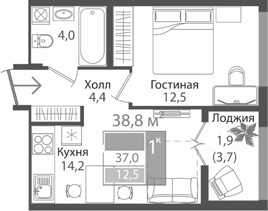 2-комн., 35.1 м²