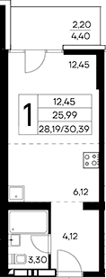 Студия, 28.19 м²