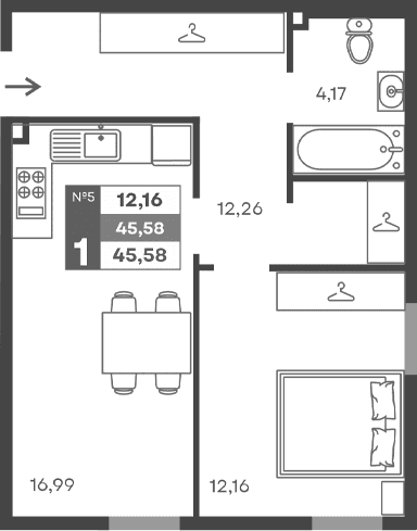 1-комн., 45.58 м²