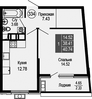 1-комн., 38.41 м²