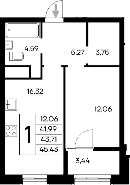 1-комн., 41.99 м²