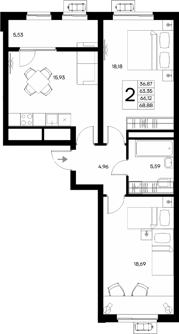2-комн., 63.35 м²