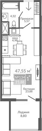 Студия, 38.75 м²
