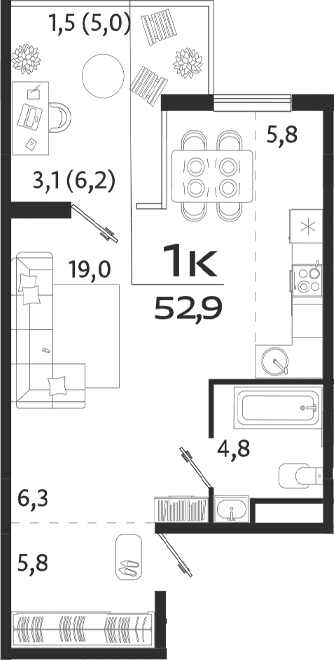 Студия, 41.7 м²