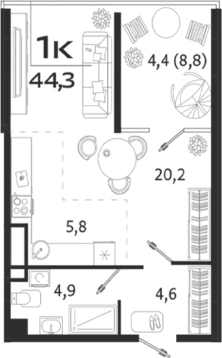 Студия, 35.5 м²