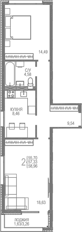 2-комн., 57.33 м²