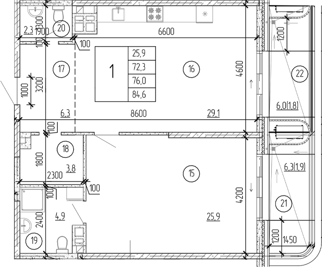 1-комн., 72.3 м²