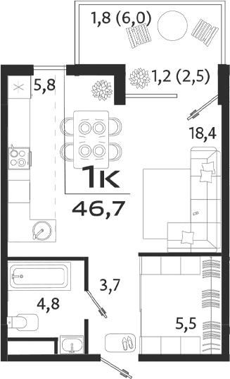 Студия, 38.2 м²