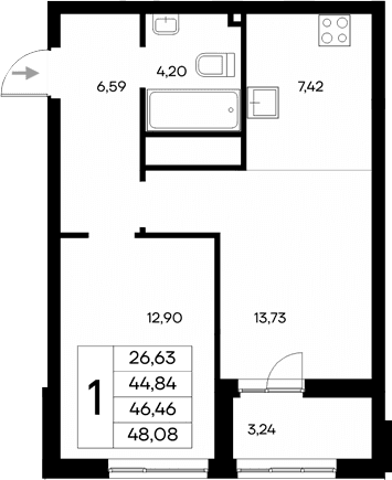 1-комн., 44.84 м²