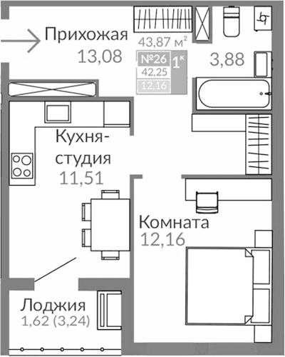 1-комн., 40.63 м²