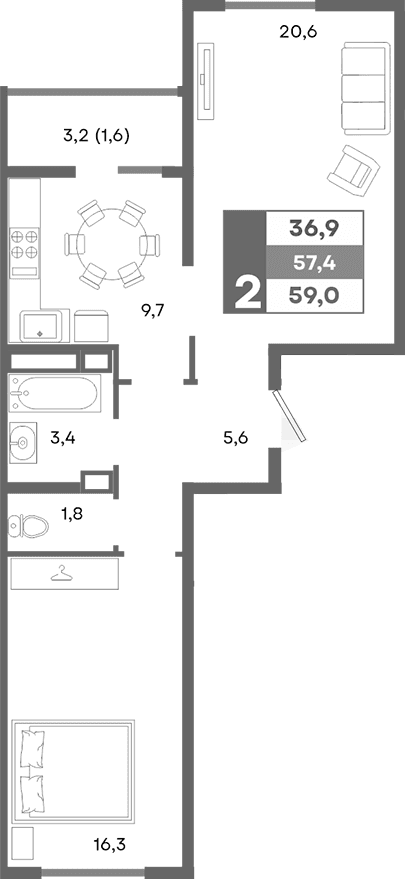 2-комн., 57.4 м²