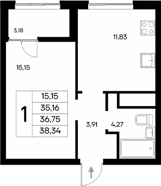 1-комн., 35.16 м²