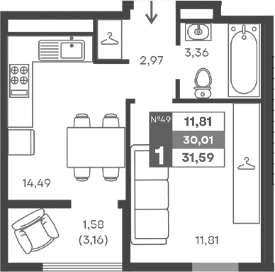 1-комн., 28.43 м²