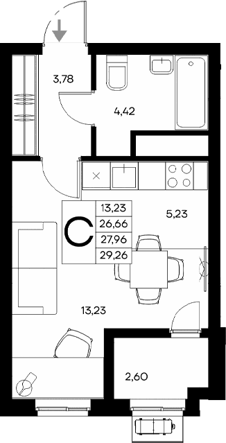 Студия, 26.66 м²