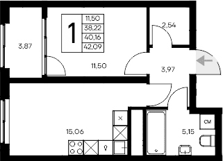 1-комн., 38.22 м²