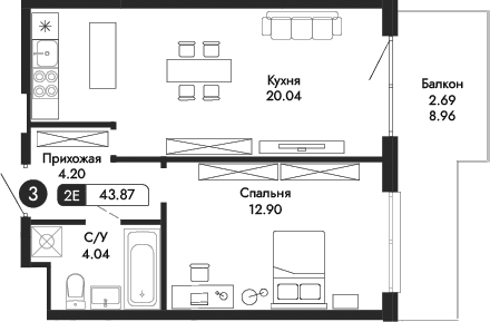 2-комн., 41.18 м²