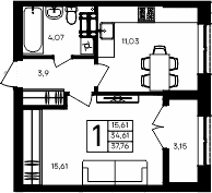 1-комн., 34.61 м²