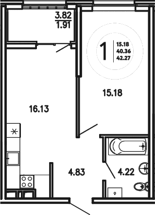 1-комн., 40.36 м²