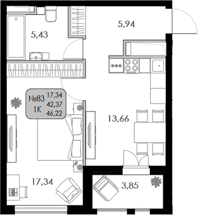 1-комн., 42.37 м²