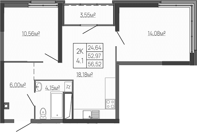 2-комн., 55.43 м²