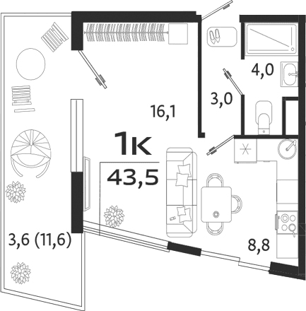 Студия, 31.9 м²