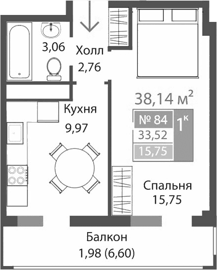 1-комн., 31.54 м²