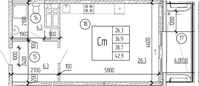 Студия, 36.9 м²
