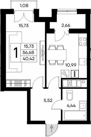 1-комн., 36.68 м²