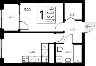 1-комн., 34.56 м²