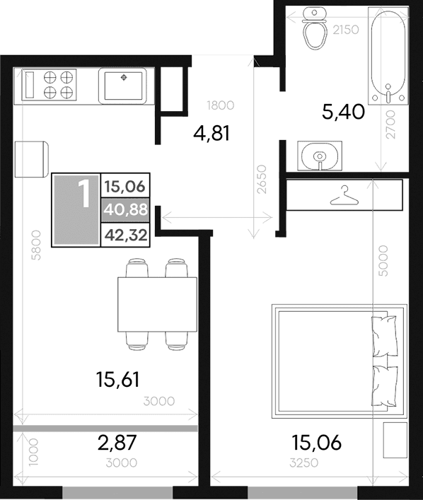1-комн., 40.88 м²