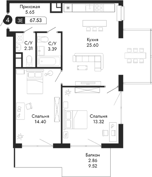 3-комн., 64.67 м²