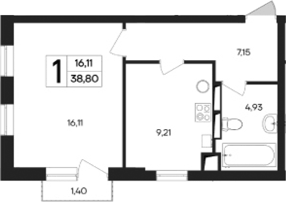 1-комн., 37.4 м²