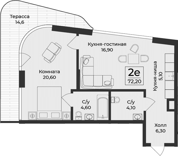 2-комн., 57.6 м²