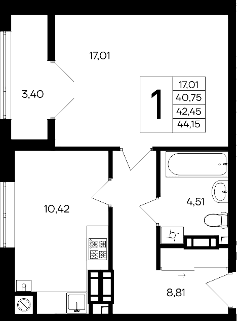 1-комн., 40.75 м²
