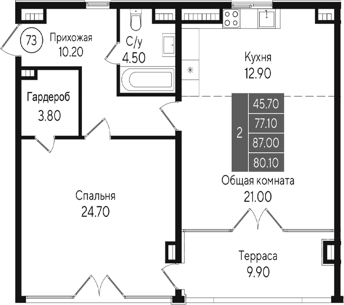 2-комн., 77.1 м²